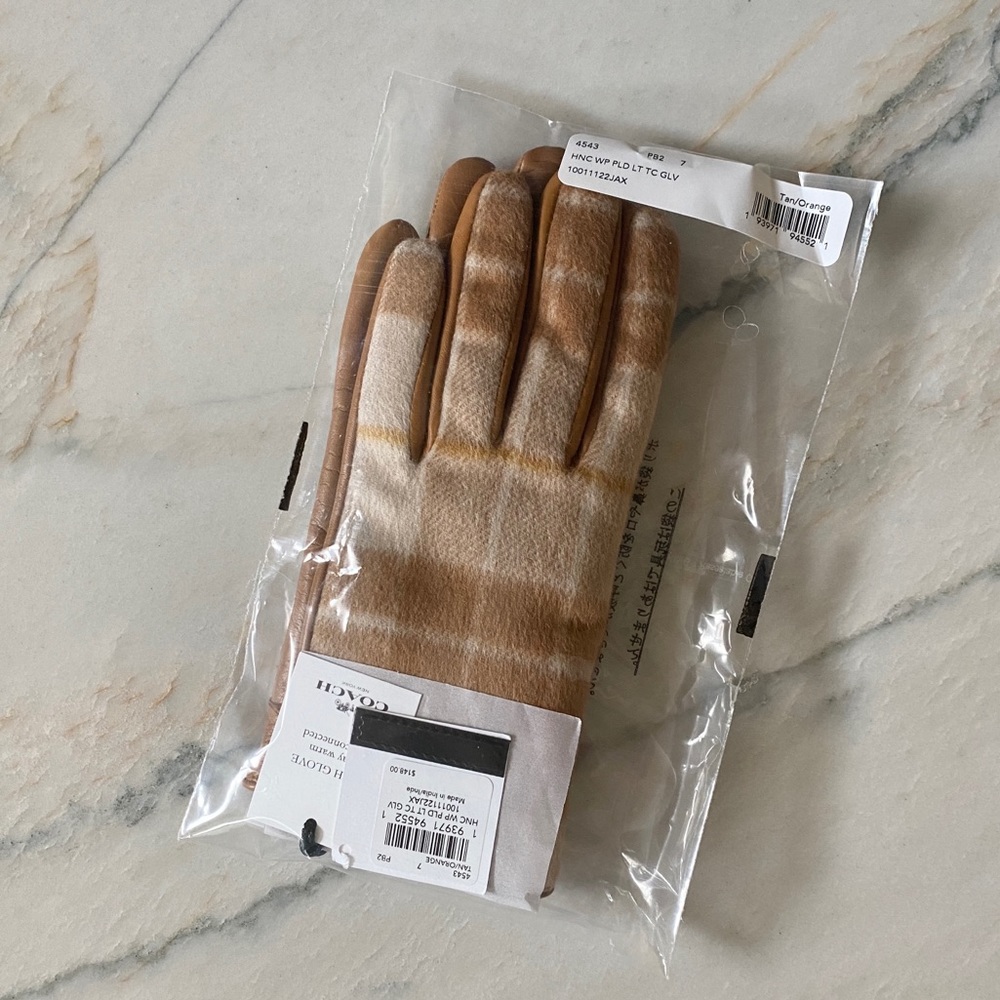 Coach Tan Leather Tech Gloves With Windowpane Plaid Print